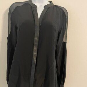 Madison Marcus XS black silk top/shirt/blouse w/"leather trim" EUC - GORGEOUS